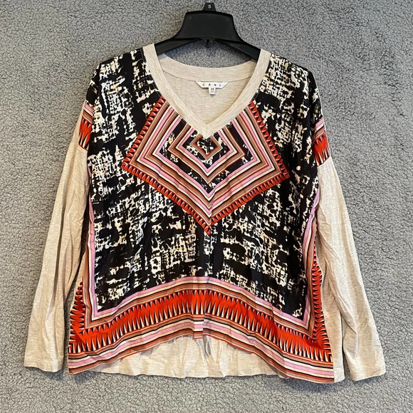 Cabi Aztec Print Silk Front Long Sleeve Top Oatmeal 768 - XS - Picture 2 of 8